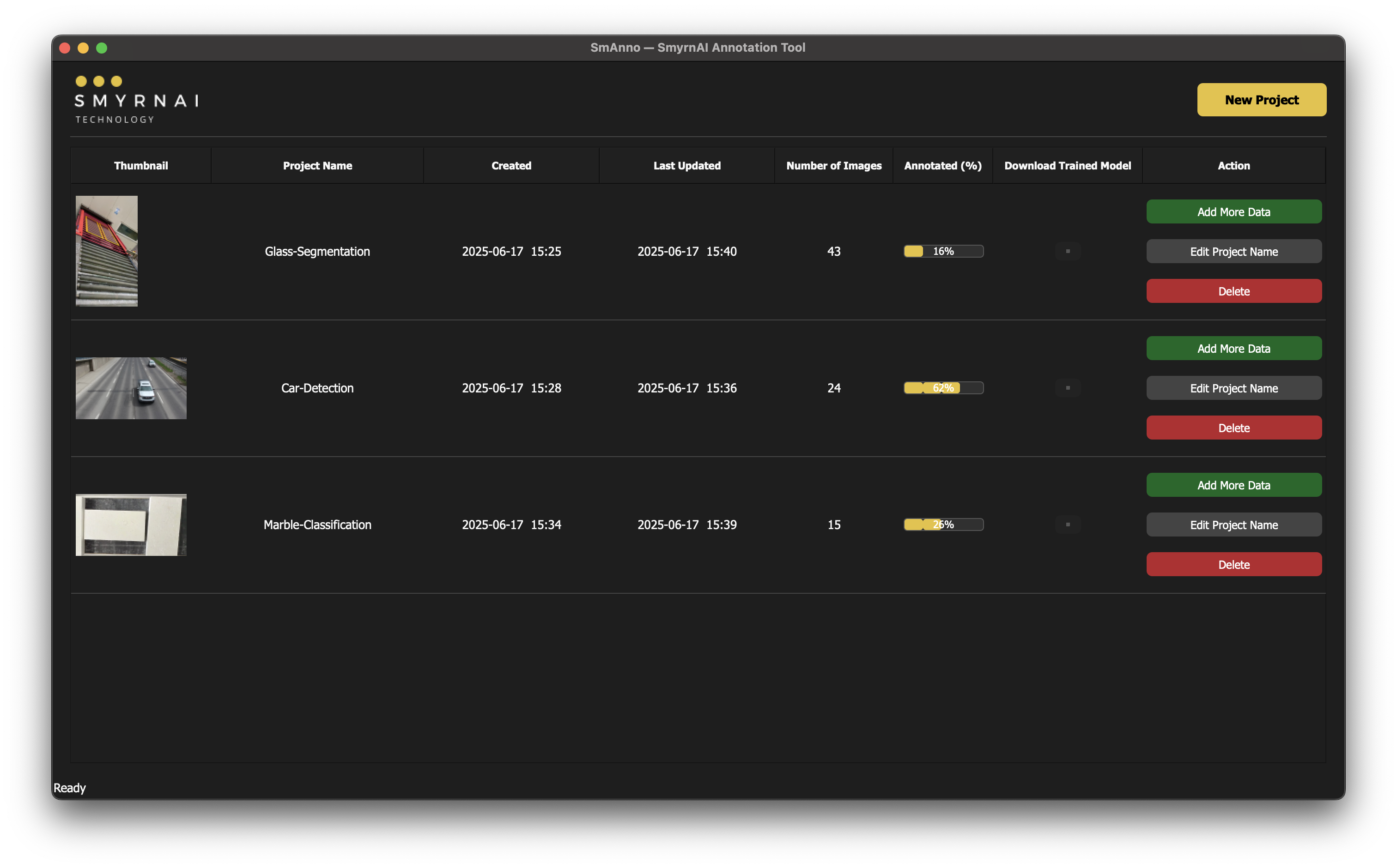 SmyrnAI platform dashboard view showing model training statistics.